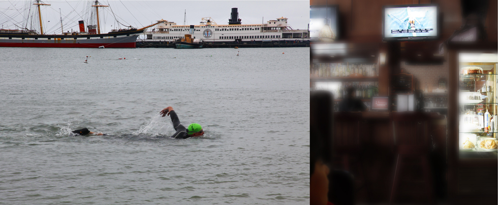 Swimmer in San Francisco and a cafe with TV